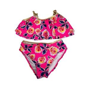 Betsy Johnson Girls 2PC Pink Floral Swimsuit Size M 10 Gold Trim